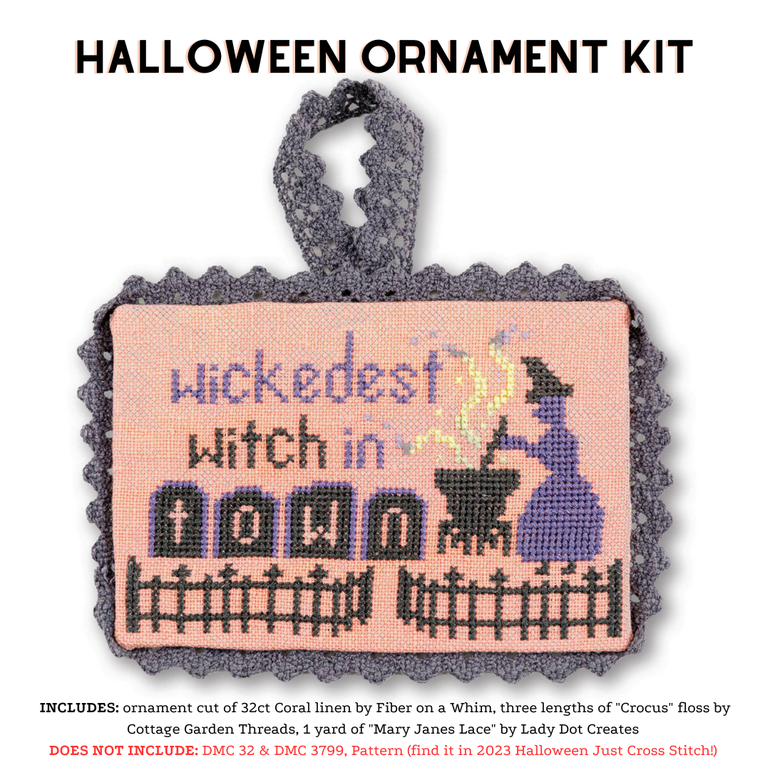 Halloween Ornament Kit - linen, thread, & trim to stitch The Wickedest Witch (chart is not included!)
