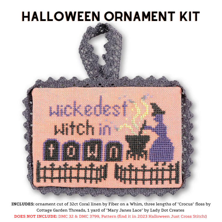 Halloween Ornament Kit - linen, thread, & trim to stitch The Wickedest Witch (chart is not included!)