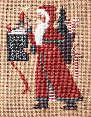 cross stitch design of a santa carring a book labeled good boys and girls with a sack of gifts and candy canes on his back