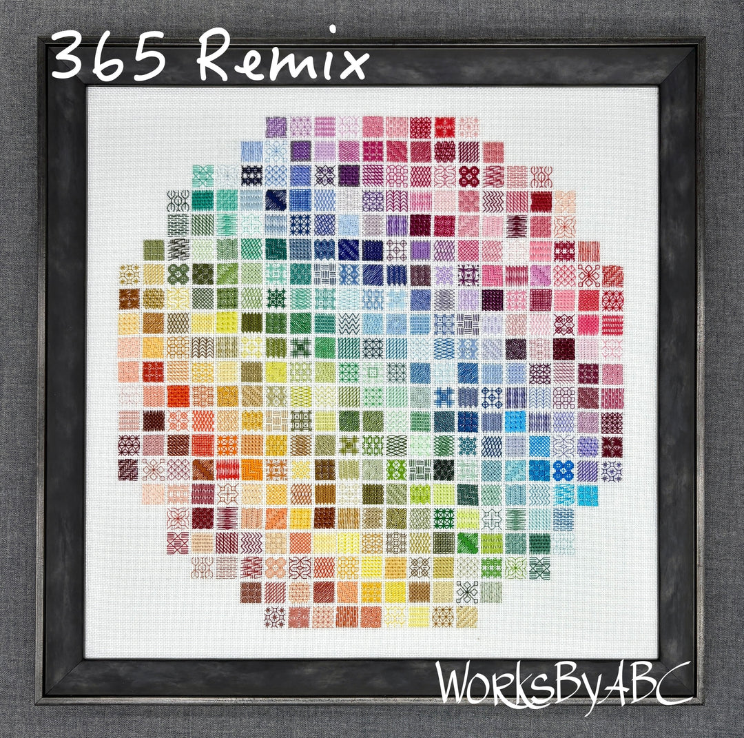 Framed artwork with a pattern of small squares in various colors, labeled '365 Remix' and 'WorksByABC'.