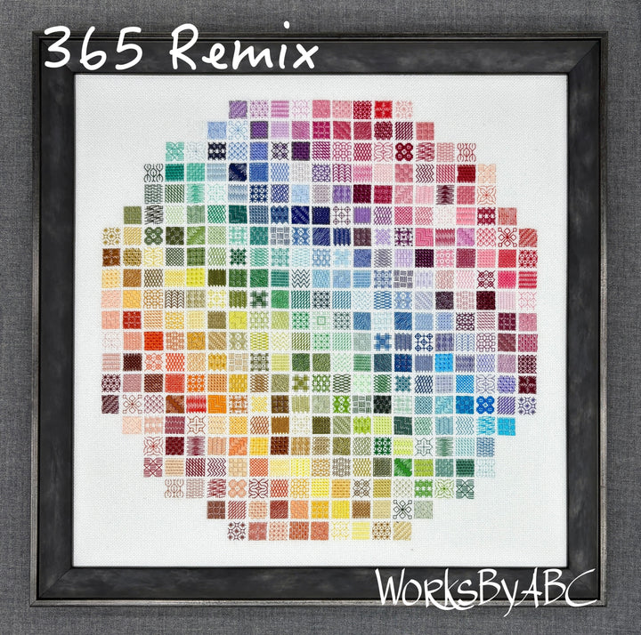 Framed artwork with a pattern of small squares in various colors, labeled '365 Remix' and 'WorksByABC'.