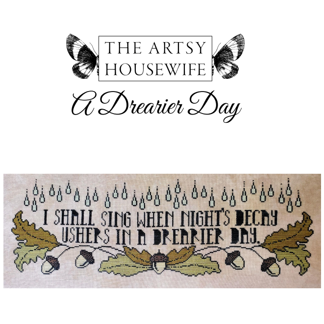 Cross stitch pattern with decorative text and elements by The Artsy Housewife on a white background.