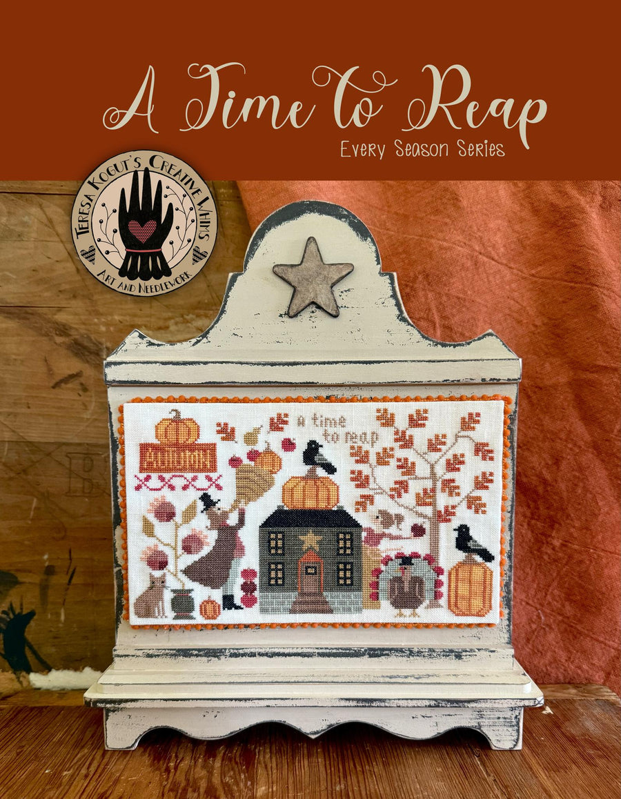Decorative wooden box with autumn-themed design and text 'A Time to Reap' on a wooden background.