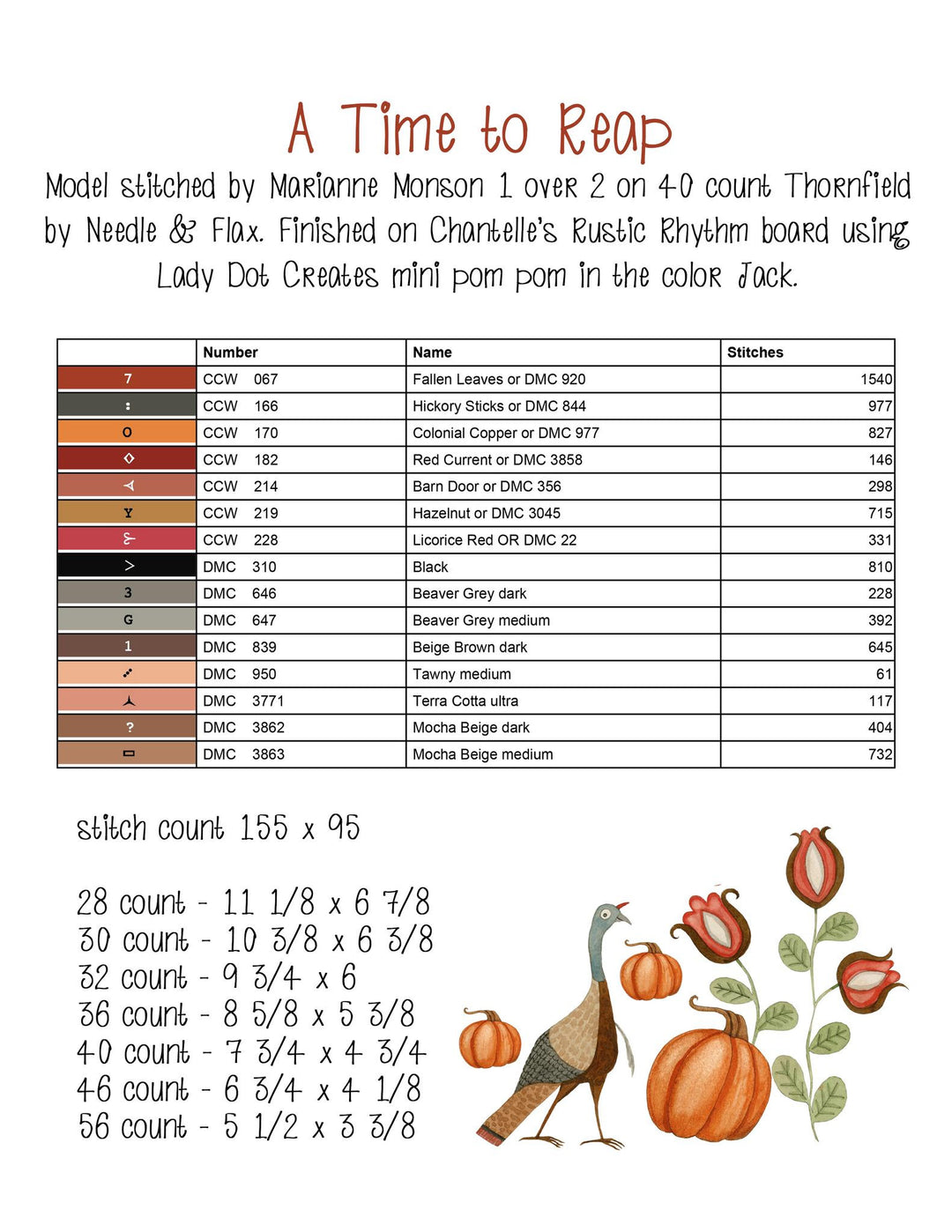 Embroidery design sheet for 'A Time to Reap' with color chart and stitch count details.