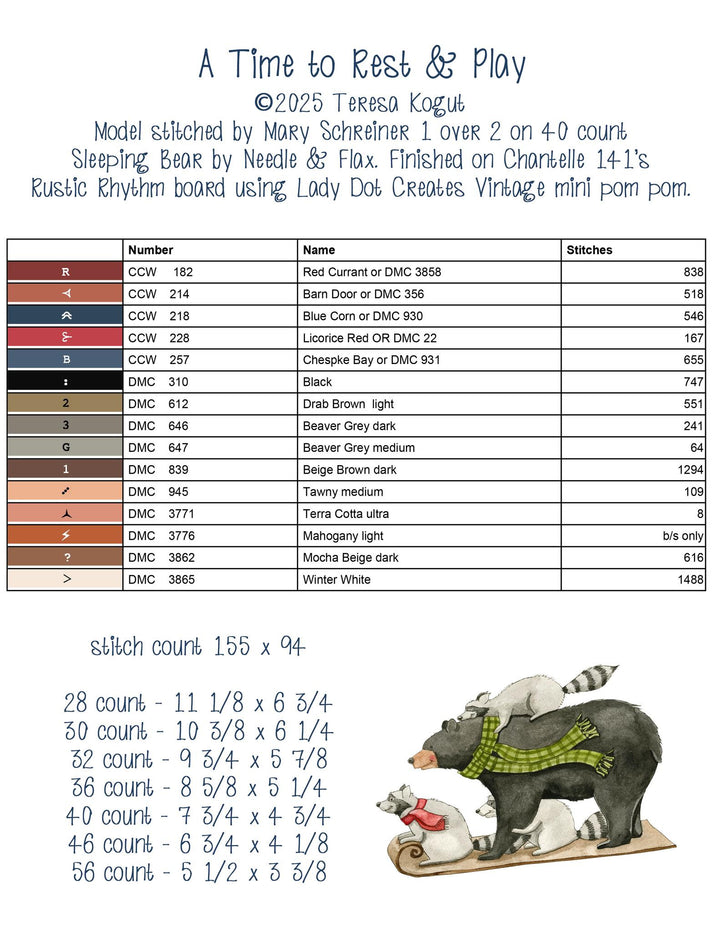 Yarn color chart with stitch count for a needlepoint design featuring a bear and raccoon.