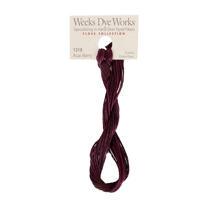 Weeks Dye Works hand-dyed cotton embroidery floss skein in Acai Berry 1319 a deep purple merlot red 