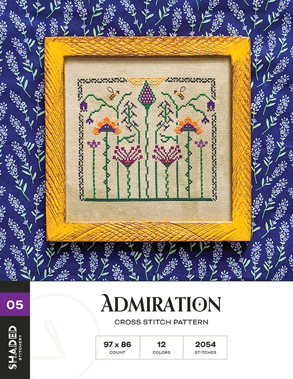 Cross stitch pattern with flowers in a yellow frame on a blue floral background, featuring the brand 'Admiration'.