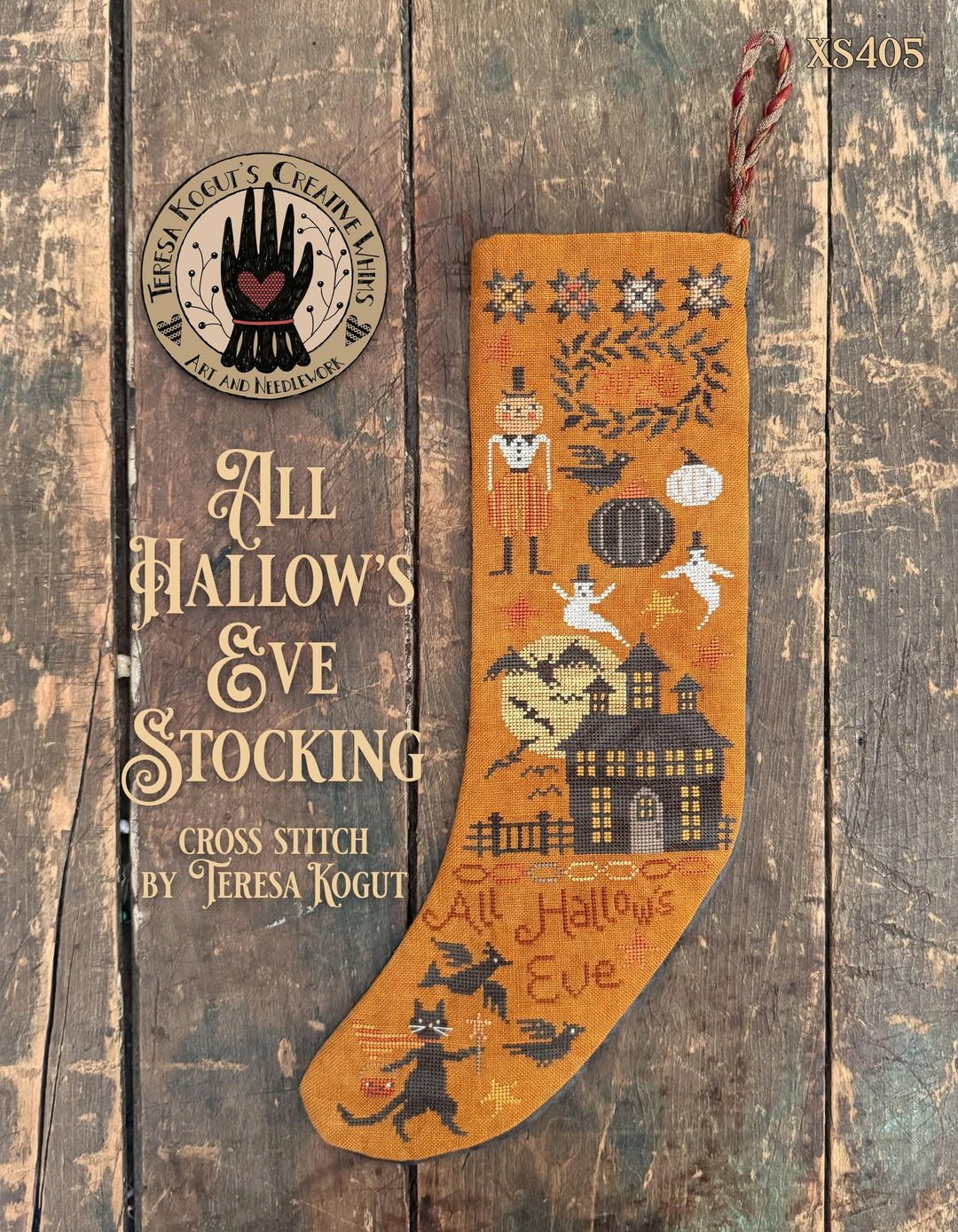 A cross stitch pattern cover for 'All Hallow's Eve Stocking' by Teresa Rogut, featuring a completed orange embroidered stocking with Halloween motifs on a rustic wood plank background. The cover includes the 'Kells Collection Cross Stitch' logo and the pattern number X8405.