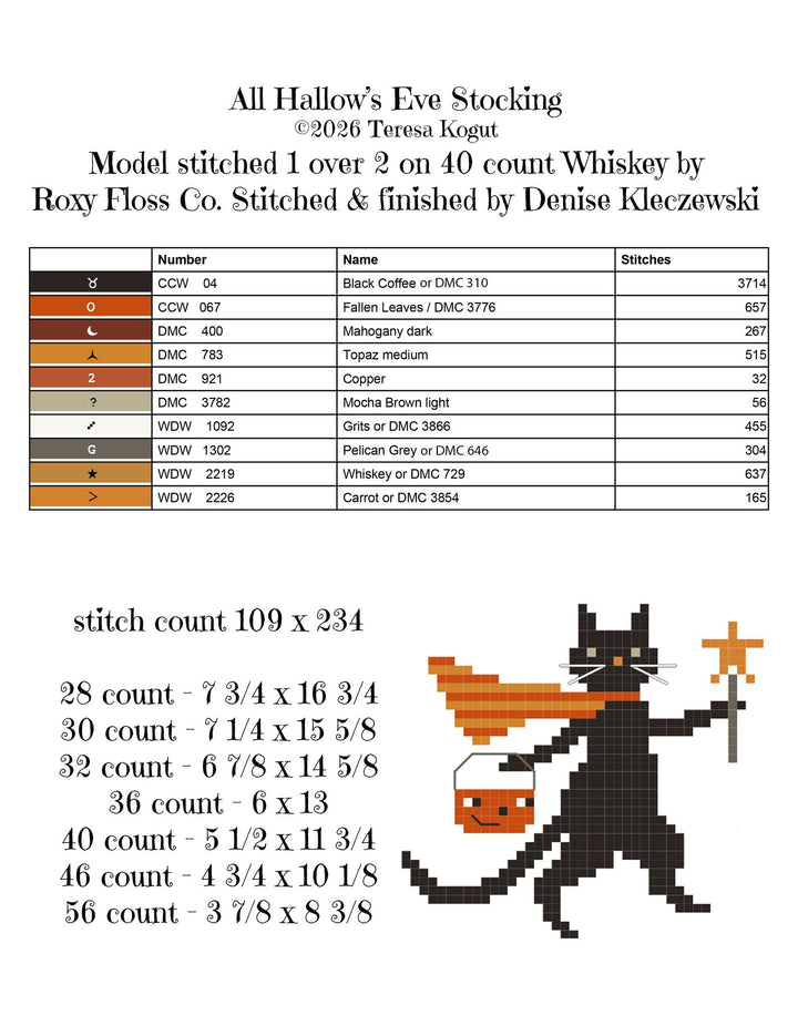 A digital graphic showing a pixelated black cat holding a glowing orange pumpkin and star, with text above reading 'All Hallow's Eve Stocking' and a table listing stitch counts and thread colors for a model stitched 1 over on 40 count Whiskey by Roxy Floss Co. and Denise Kleczowski.