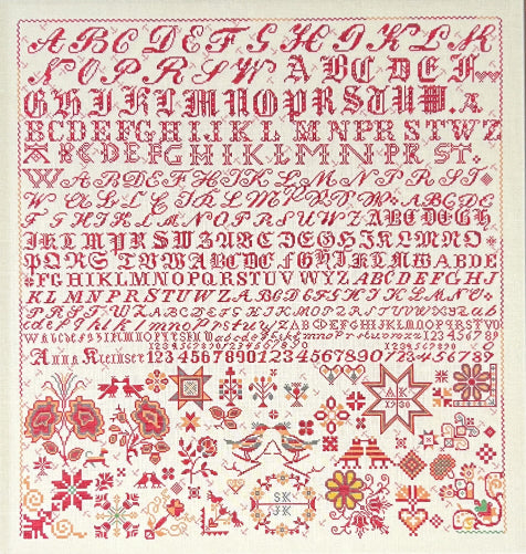 Embroidery pattern with alphabets, numbers, and decorative elements on a beige background