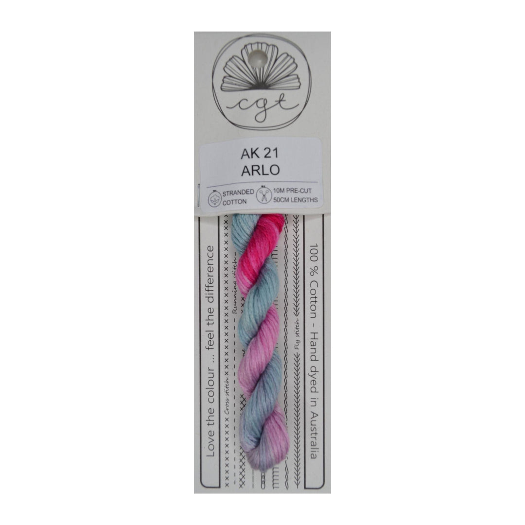 Packaged yarn with pink and blue skein on a white background