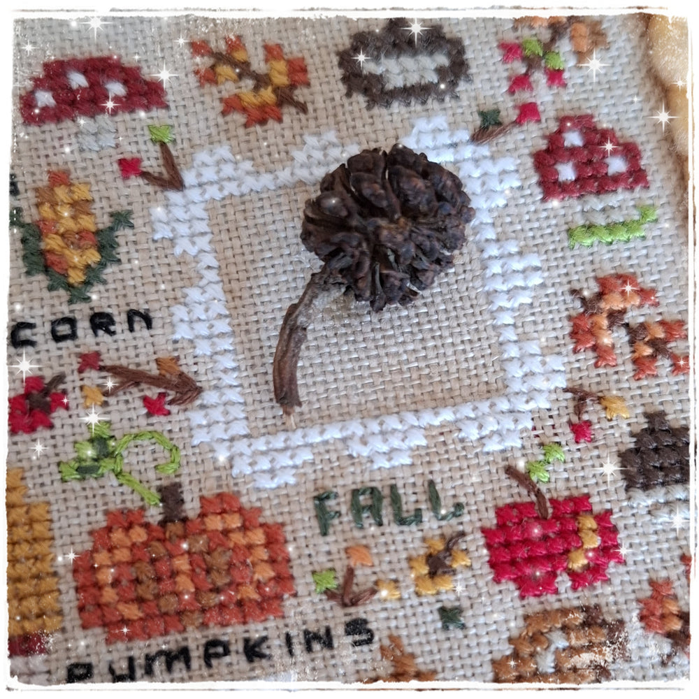 A close-up of a handmade cross-stitch embroidery featuring autumn themes, including pumpkins, corn, fall leaves, and the words 'CORN', 'FALL', and 'PUMPKINS' stitched on a beige linen fabric.