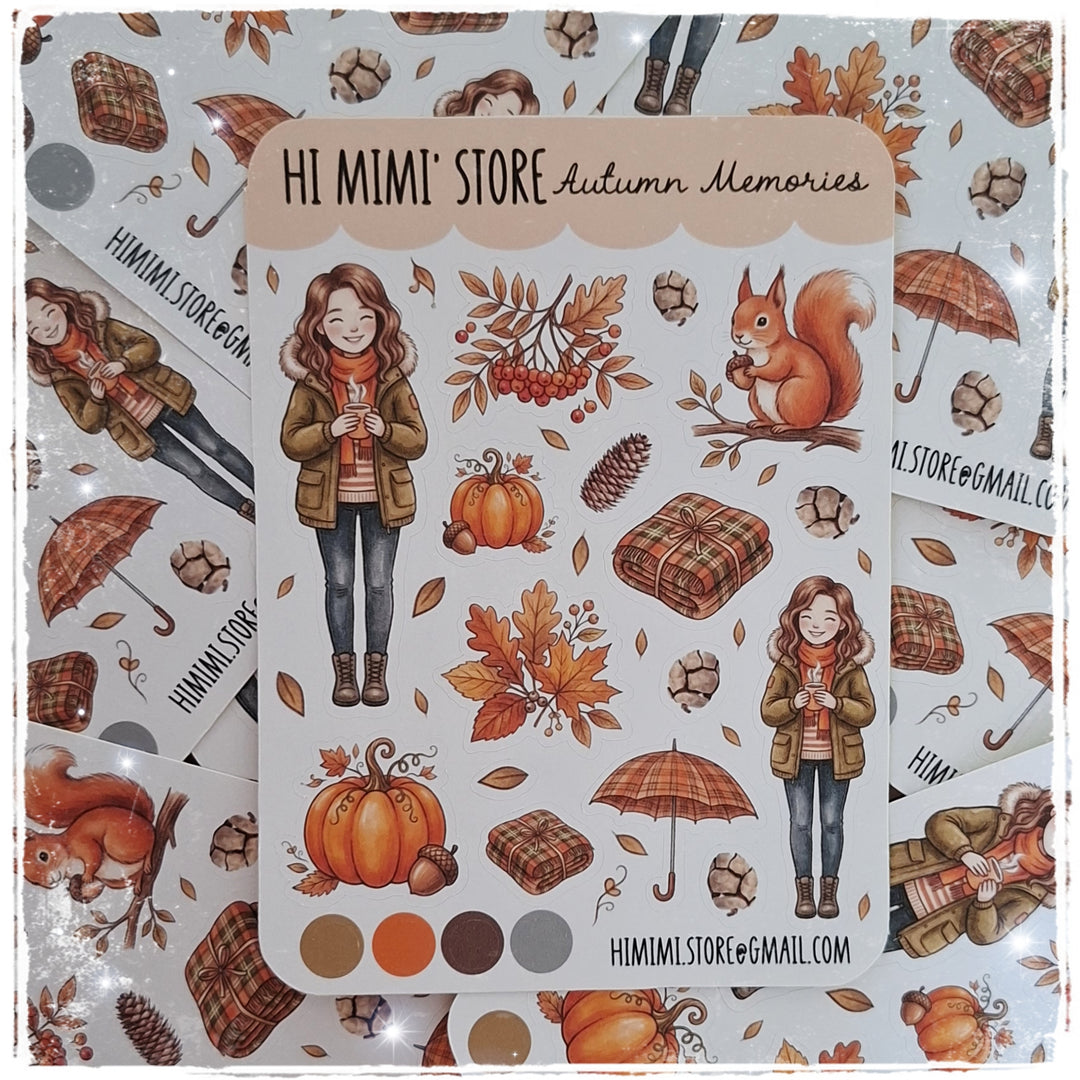 A sheet of autumn-themed planner stickers or decals from Hi Mimi Store, featuring illustrations of a girl in an orange coat holding a mug, pumpkins, leaves, acorns, plaid fabrics, and umbrellas, with a banner reading 'HI MIMI' STORE Autumn Memories'.