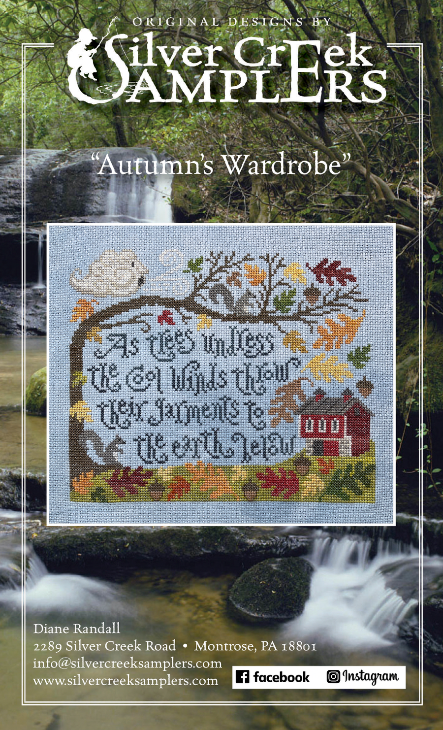 Advertisement for Silver Creek Samplers with a cross-stitch design of 'Autumn's Wardrobe'.