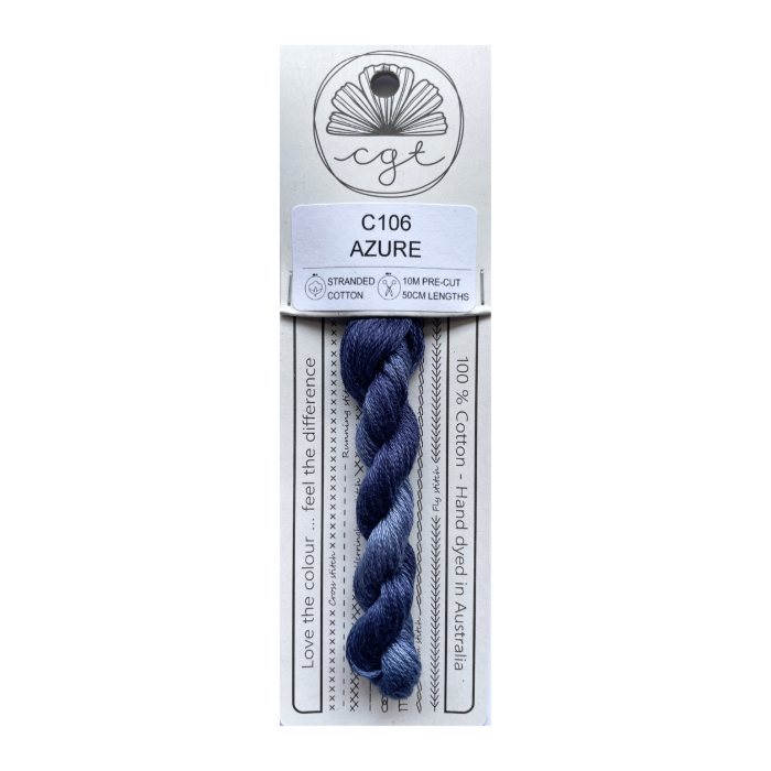Packaged thread with a blue skein on a white background