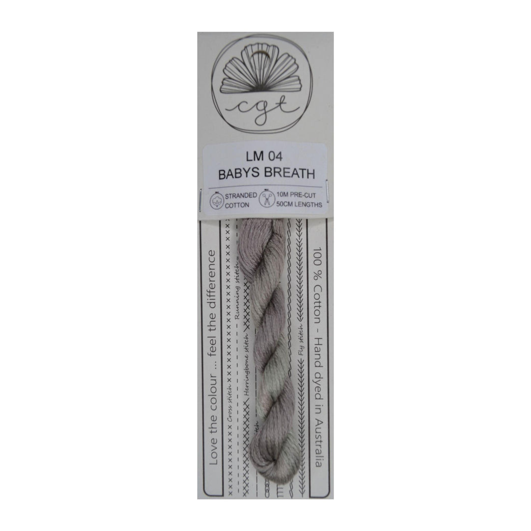 Yarn package labeled 'LM 04 Baby's Breath' with a gray yarn skein on a white background