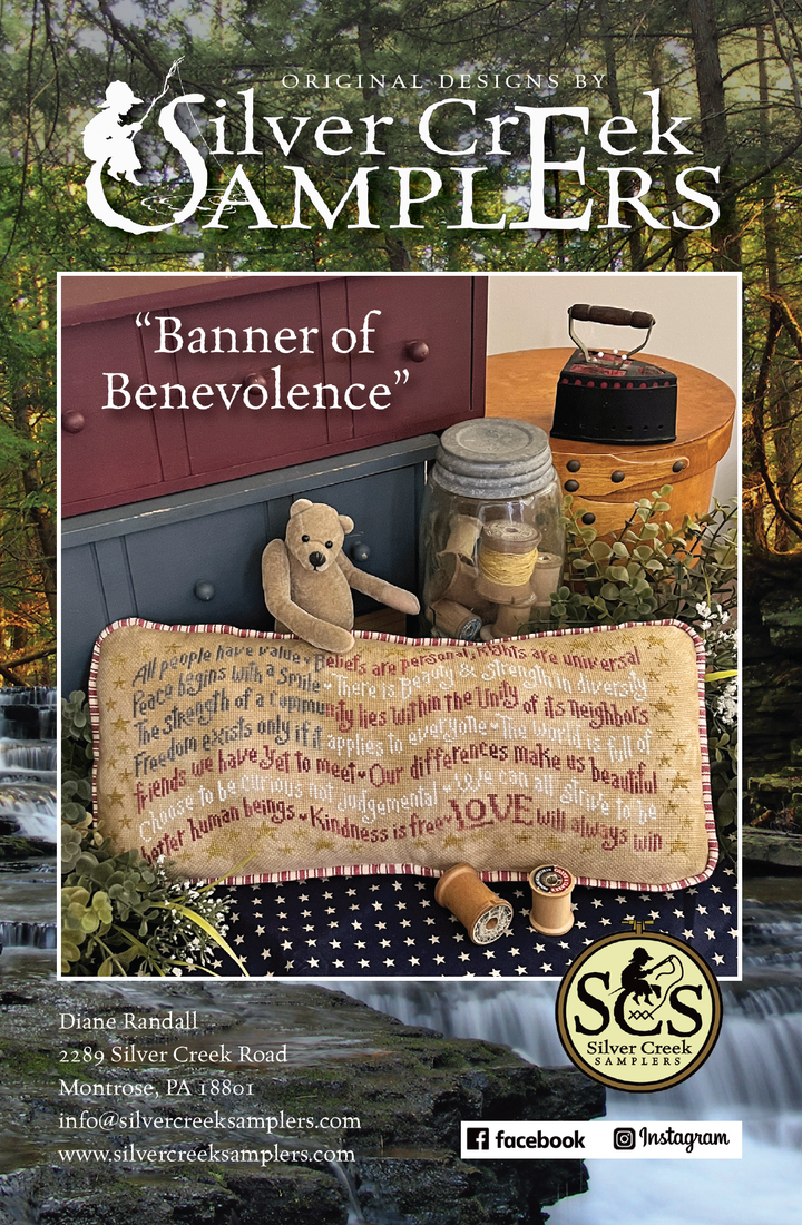 Advertisement for Silver Creek Samplers with a banner, teddy bear, and teapot against a scenic background.
