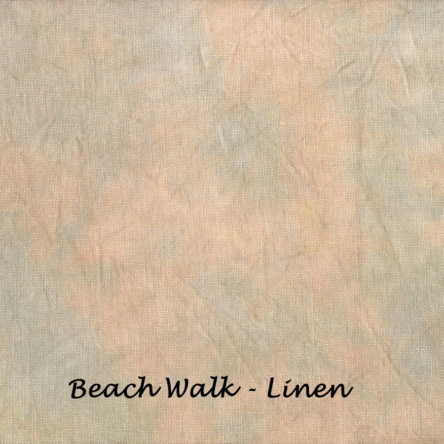 Beach Walk linen fabric texture swatch in a soft beige and light gray colorway, with black text reading 'Beach Walk - Linen' at the bottom.