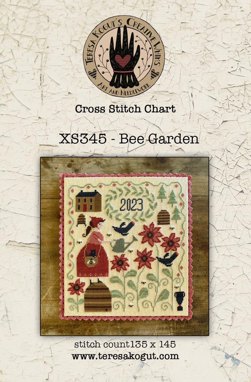 Cross stitch chart for 'Bee Garden' with stitch count and website information on a textured background.