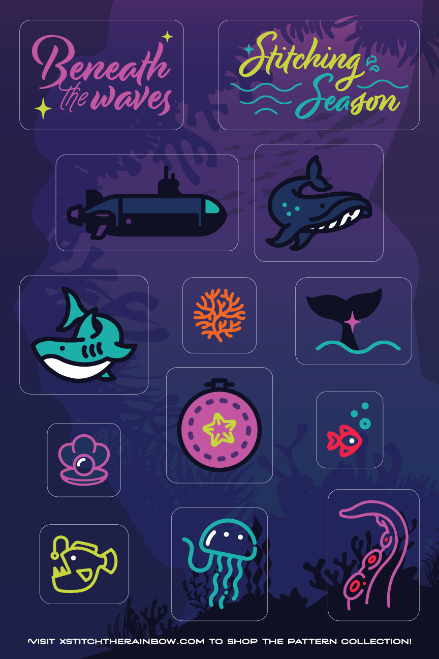 Collection of ocean-themed icons with text 'Beneath the waves' and 'Stitching Season' on a dark background.