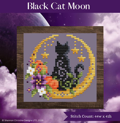 A framed cross-stitch design preview titled 'Black Cat Moon' on a purple cloudy background. The stitched artwork shows a black cat silhouette inside a gold crescent moon with stars, alongside flowers in orange, purple, white, green, and yellow.