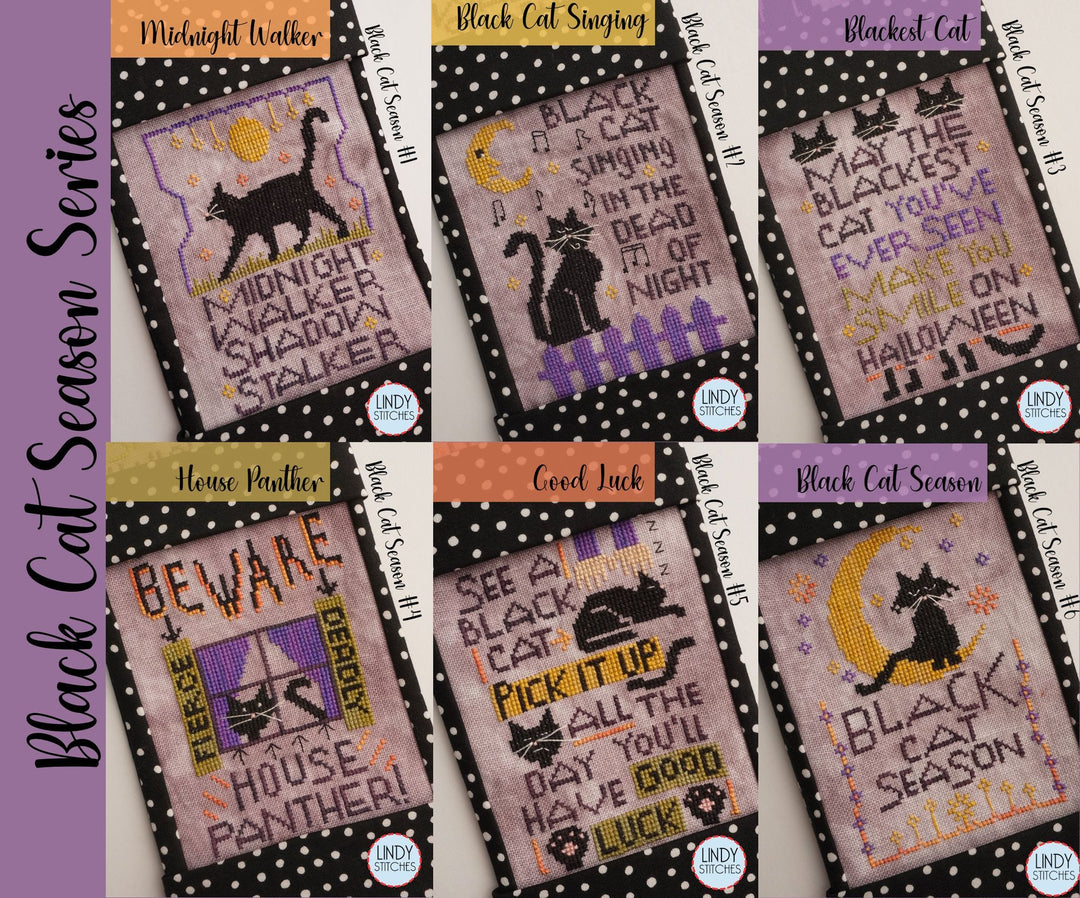 Collection of black cat-themed cross-stitch patterns with text on a purple background.