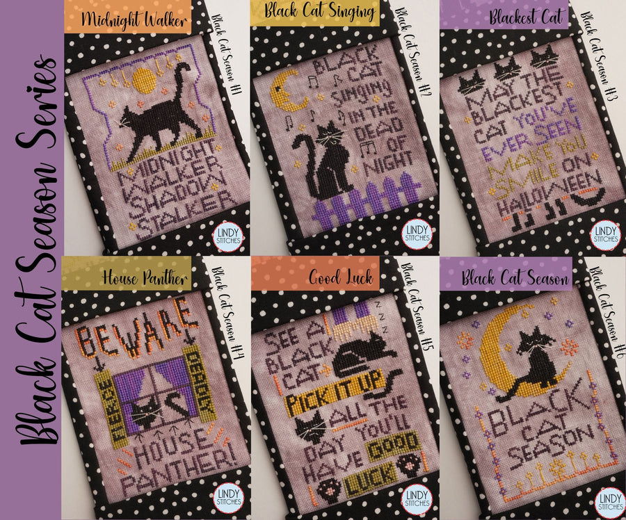 Collection of black cat-themed cross-stitch patterns with text on a purple background.