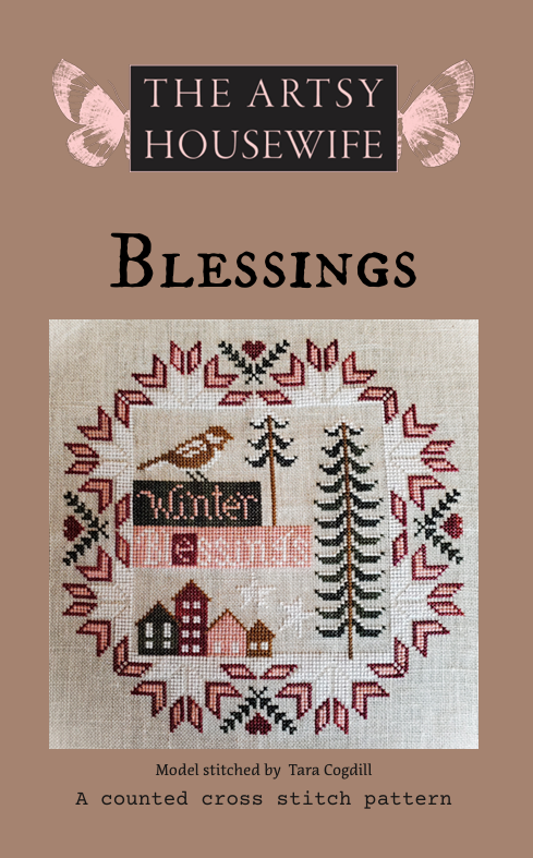 Cover of 'Blessings' by The Artsy Housewife with cross-stitch design on a brown background