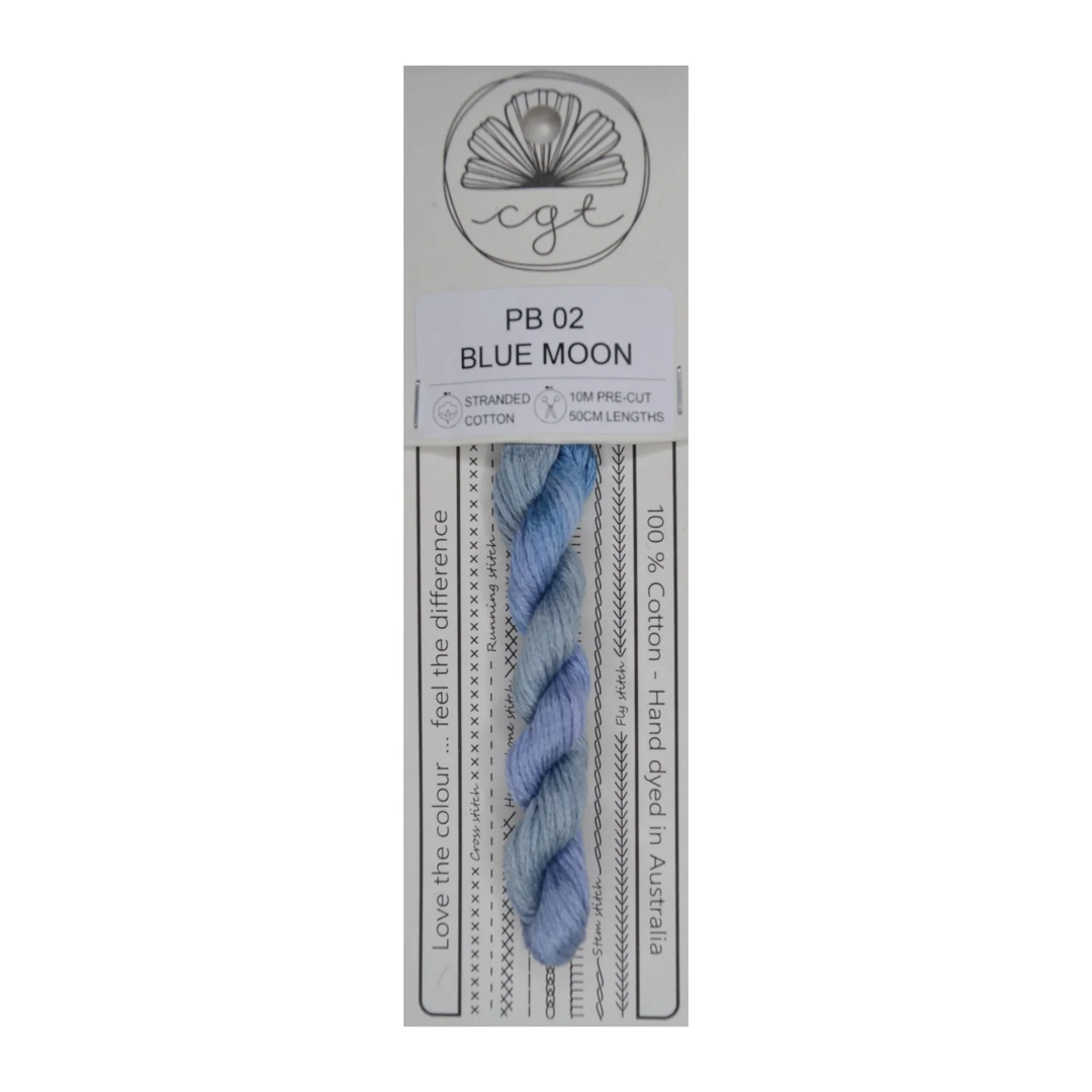 Packaged thread with blue color swatch on a white background