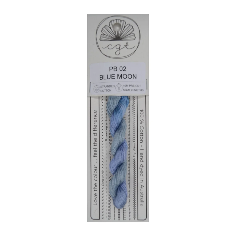 Packaged thread with blue color swatch on a white background