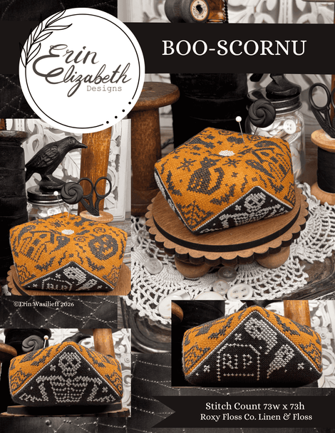 A collage-style product listing for a cross-stitch pattern titled BOO-SCORNU by Erin Elizabeth Designs. The design shows a stitched box or cover in mustard yellow and black with white snowflake and lettering details, displayed in multiple styled photos with vintage props and text noting stitch count and fabric.
