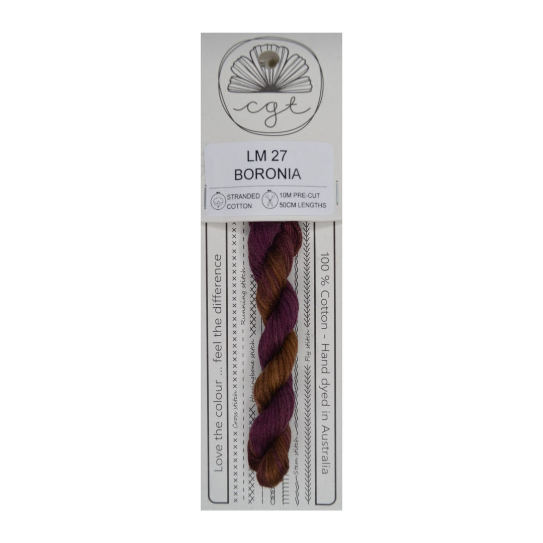 embroidery floss skein with packaging labeled 'LM 27 Boronia' on a white background
