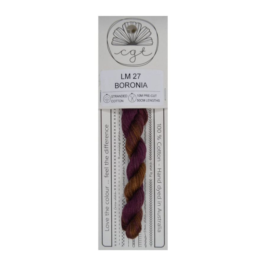 embroidery floss skein with packaging labeled 'LM 27 Boronia' on a white background