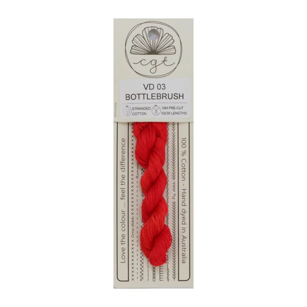 Red thread skein on a white background with a label