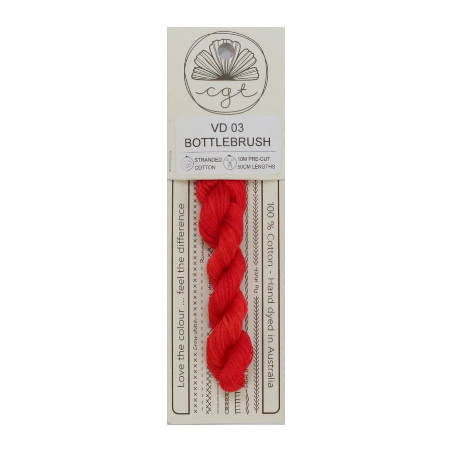 Red thread skein on a white background with a label