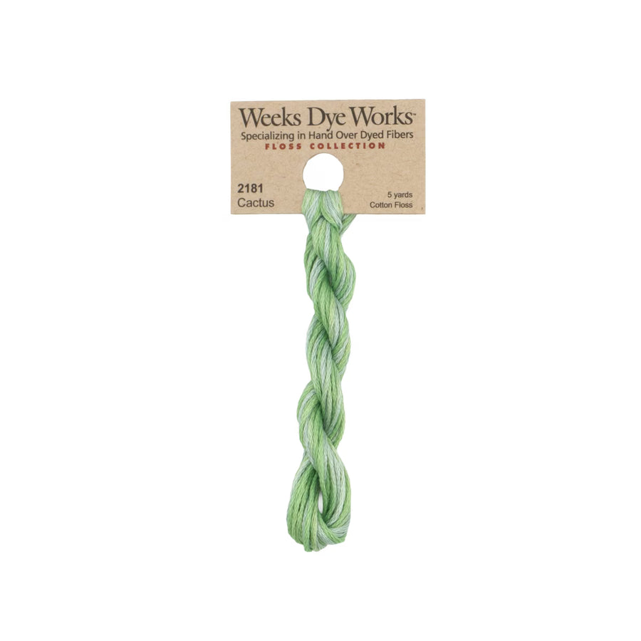 A single twisted skein of Weeks Dye Works Flore Collection cotton dyed fiber in the shade 'Cactus', featuring a light brown paper header card, shown against a plain white background.