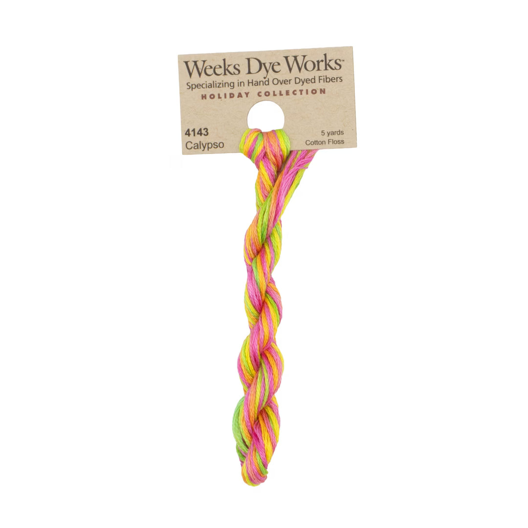 A twisted bundle of multicolor cotton embroidery floss from Weeks Dye Works Holiday Collection, featuring pink, yellow, and green threads on a kraft paper hanger.