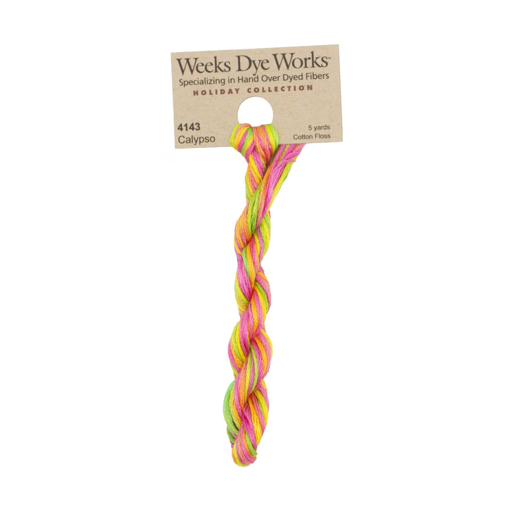 A twisted bundle of multicolor cotton embroidery floss from Weeks Dye Works Holiday Collection, featuring pink, yellow, and green threads on a kraft paper hanger.
