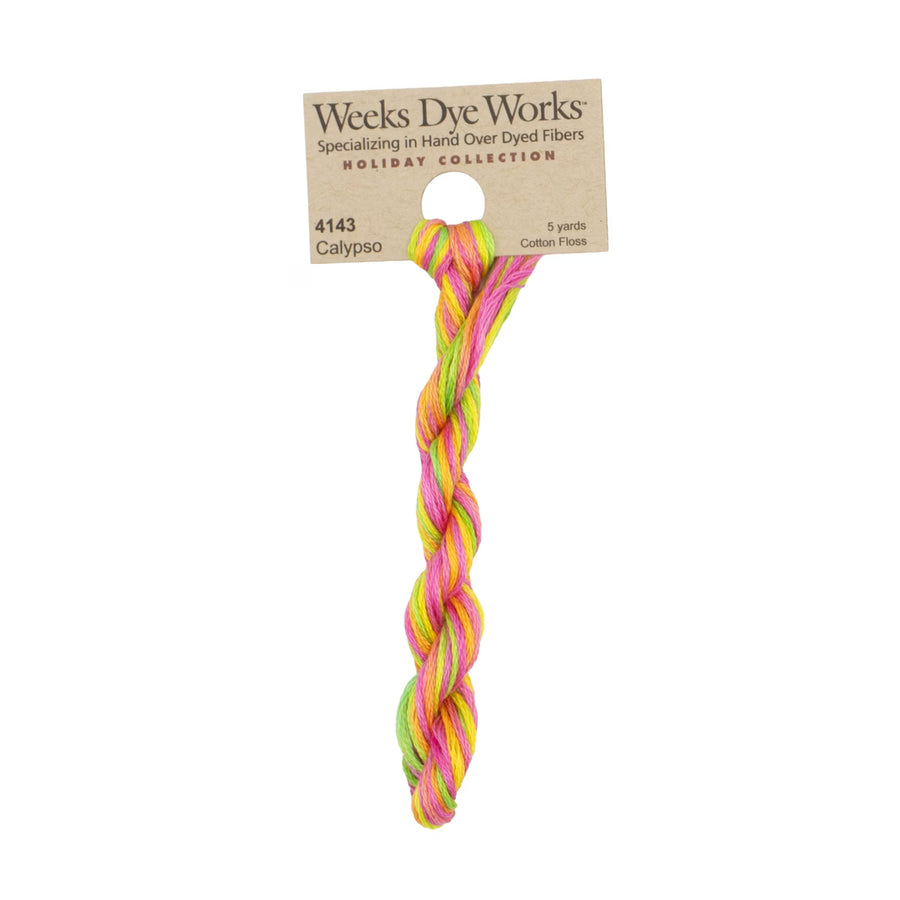 A twisted bundle of multicolor cotton embroidery floss from Weeks Dye Works Holiday Collection, featuring pink, yellow, and green threads on a kraft paper hanger.