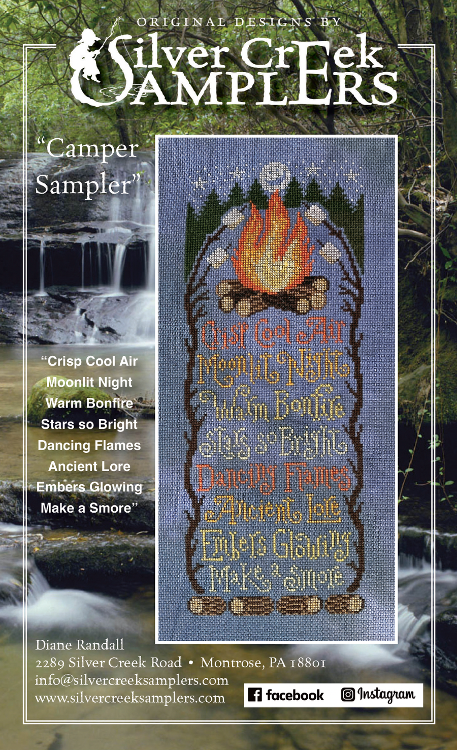 Silver Creek Samplers cross-stitch pattern with campfire design and text on a scenic background