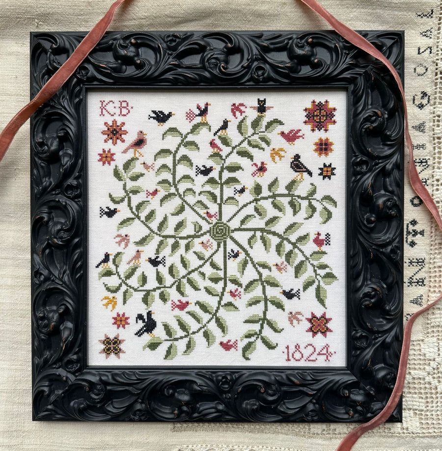 Decorative cross-stitched piece with floral and bird patterns in a black frame.