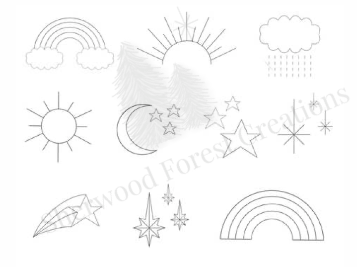 A sheet of black and white line art illustrations featuring celestial and nature motifs, including rainbows, suns, a crescent moon with stars, clouds, shooting stars, and geometric stars, overlaid with a diagonal watermark reading 'Wood Forest Creations'.