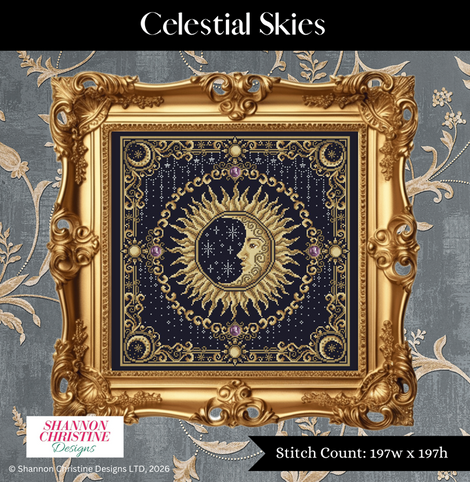 A framed celestial needlepoint design titled 'Celestial Skies' by Shannon Christine Designs, featuring a gold sun and moon with stars on a dark navy blue background, enclosed in an ornate gold frame.