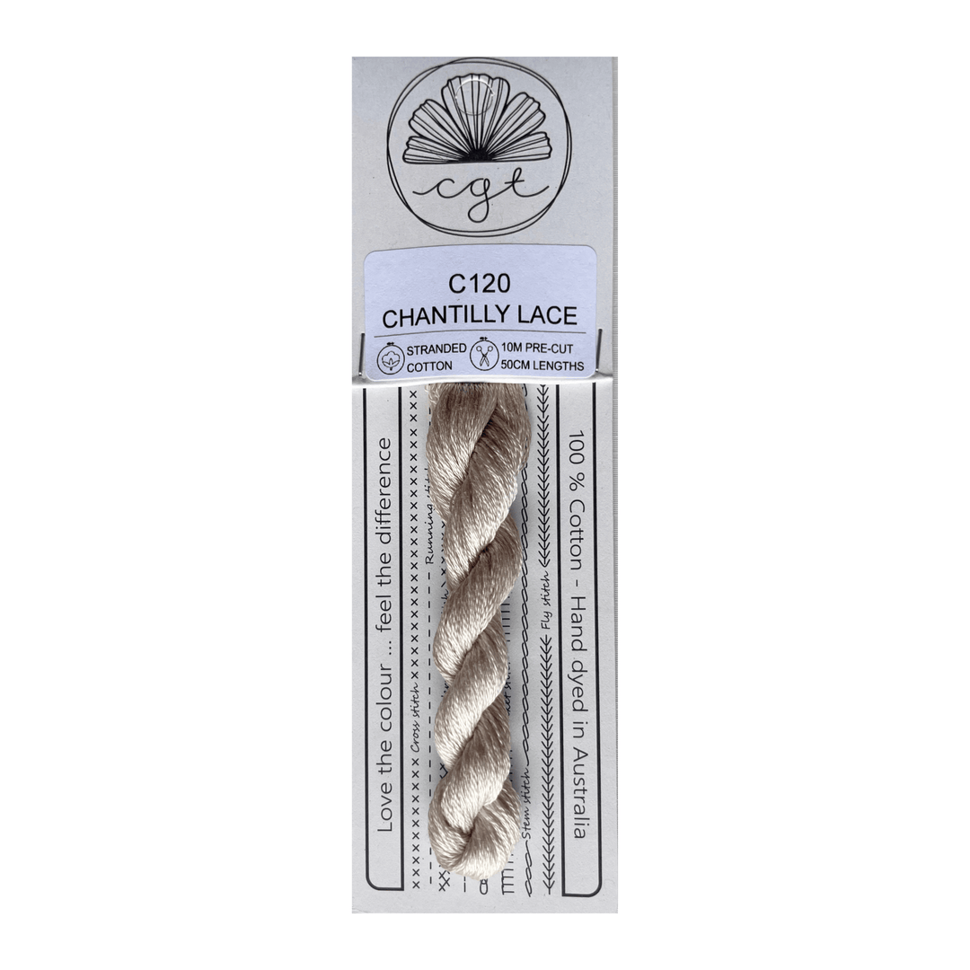 Packaged chantilly lace with a visible brand logo on a white background