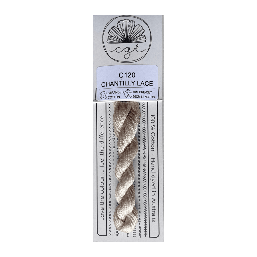Packaged chantilly lace with a visible brand logo on a white background