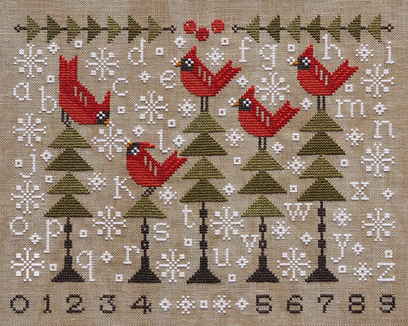 Cross-stitched pattern with red birds, trees, and snowflakes on a beige background.