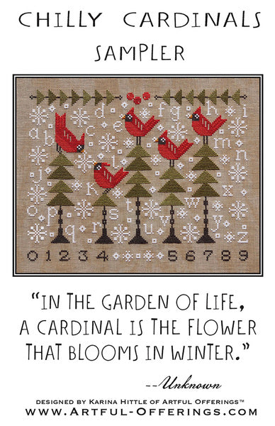 Cross-stitch pattern with cardinals and trees on a fabric background, featuring text and a quote reding in the garden of life, a cardinal is the flower that blooms in winter