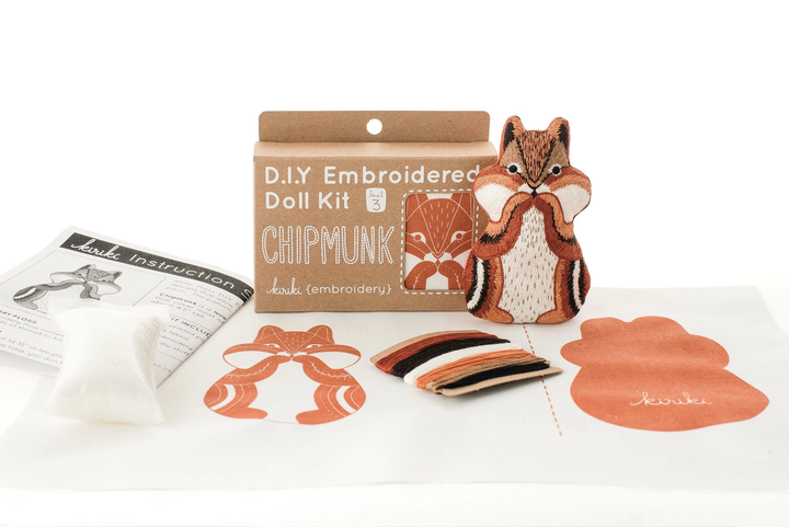 D.I.Y. Embroidered Doll Kit with chipmunk design on a white background