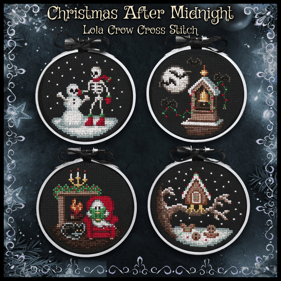 Four circular cross-stitch designs displayed in hoop frames on a dark decorative background. The stitched scenes show a snowman and skeleton, a moon and house, a fireplace with a green character in red, and a tree with a gingerbread house.