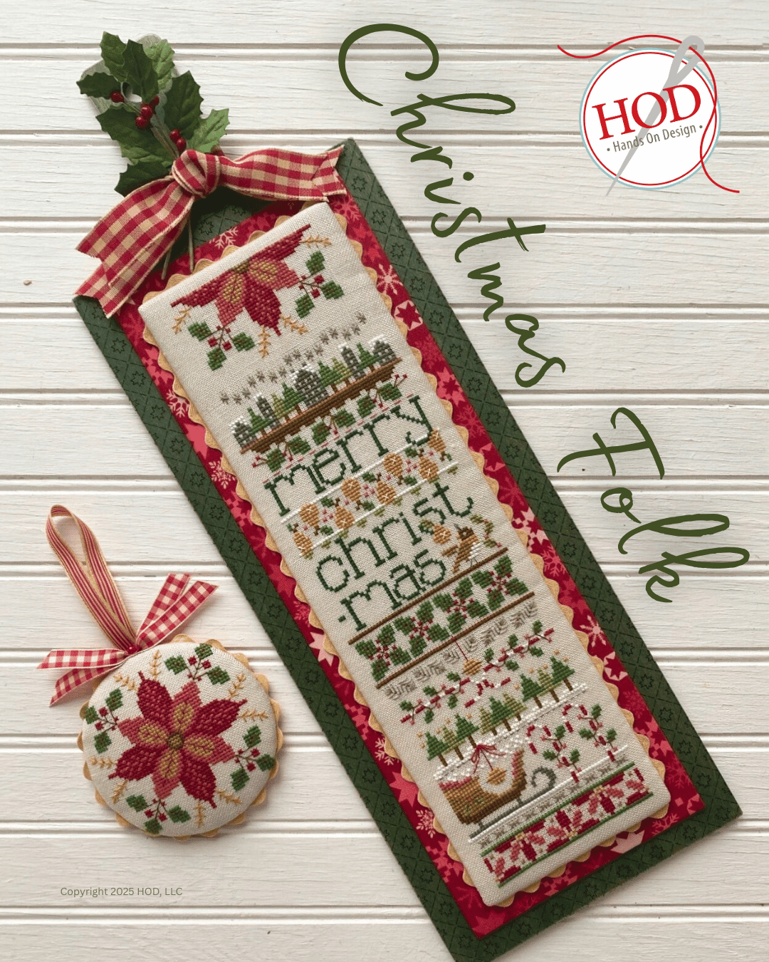 Decorative Christmas cross-stitch pattern with a ribbon and ornament on a white background